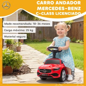 Carro Andador para Crianças Mercedes-Benz Classe C com Buzina Volante Sons de Motor e Espaço de Armazenamento 65x28x39 vermelho