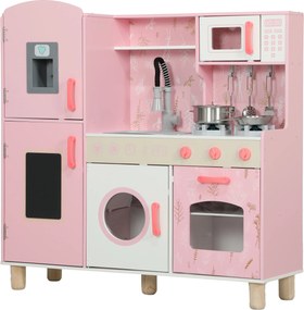 AIYAPLAY Cozinha de Madeira para Crianças com Sons Fogão Forno Micro-Ondas Máquina de Gelo e Acessórios 90x33,3x91,6 cm Rosa | Aosom Portugal