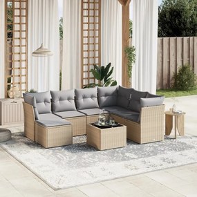 8 pcs conj. sofás jardim c/ almofadões vime PE bege misturado