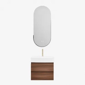 Conjunto De Móvel De Casa De Banho Em Madeira E Chapa De Freixo Com Lavatório Integrado Ona Madeira Escura & Ovalado Led E - Sklum