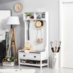 HOMCOM Cabide Sapateira com banco 4 ganchos 2 compartimentos abertos 2 gavetas removíveis e prateleira inferior moderna para corredor entrada 87x42x172 cm Branco