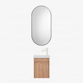 Conjunto De Móvel De Casa De Banho Suspenso Em Madeira Com Lavatório Integrado Narek Castanho Fresno & Ovale Led E Antifog Preto 50x100 Cm - Sklum