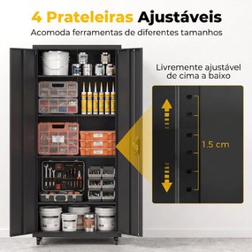 Armário de Ferramentas em Aço 180 cm com Rodas Amovíveis Prateleiras Ajustáveis e Carga 250 kg para Garagem Preto