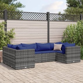 6 pcs conjunto lounge de jardim c/ almofadões vime PE cinzento