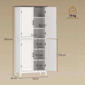Armário de cozinha  76 x 40 x 178,5 cm, com 6 níveis, 4 portas com padrão em espinha e 4 prateleiras ajustáveis, branco