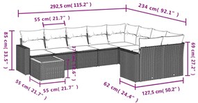 10 pcs conjunto sofás de jardim c/ almofadões vime PE cinzento