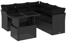 6 pcs conjunto sofás de jardim c/ almofadões vime PE preto