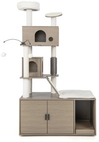 Arranhador para gatos 2 em 1 com Caixa de Areia Armarios para gatos Torre de arranhar Postes de sisal Rampa suspensa cinzenta