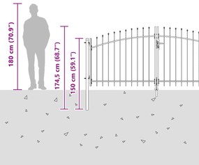 Portão de Jardim com Topo de Lança Cinza 125 x 400 cm em Aço.
