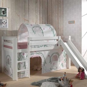 Conjunto Cama alta de Criança PINO 90 x 200 cm + estrado + escada + escorrega + cortina + túnel Pássaros branca