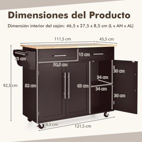 Carrinho de cozinha com rodas, 2 gavetas, 2 armários, ilha de cozinha, porta-faca, prateleira ajustável para sala de jantar Castanho