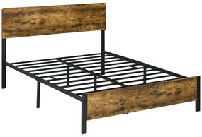 Estrutura de Cama Dupla com Ripas de Aço e Cabeceira de Madeira 149x197x104 cm Castanho Rústico e Preto