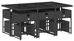 11 pcs conjunto de jantar p/ jardim c/ almofadões vime PE preto