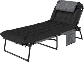 Outsunny Espreguiçadeira Dobrável para Jardim com Almofada Cadeira de Sol com Encosto Ajustável em 4 Posições Bolso Lateral Preto | Aosom Portugal