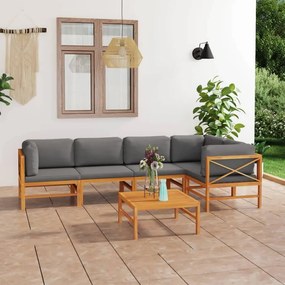 vidaXL 6 pcs conj. lounge jardim c/ almofadões cinzentos teca maciça
