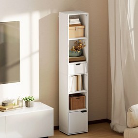 Estante para livros 30 x 24 x 158 cm, móvel de arrumação com gaveta, armário e compartimentos abertos, branco