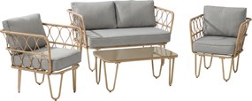 Outsunny Conjunto de Jardim de 4 Peças em Vime Sintético com 2 Poltronas 1 Sofá de 2 Lugares 1 Mesa e Almofadas Natural e Cinza | Aosom Portugal