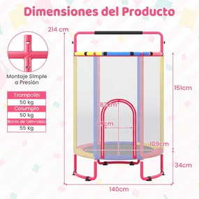 Trampolim Infantil 6 em 1, 140 x 140 x 214 cm, Estrutura em Aço Galvanizado, Multicolor