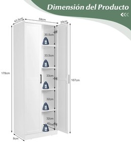 Armario cozinha multifuncional com 2 portas e 5 estantes ajustáveis 59 x 43,5 x 178 cm Branco