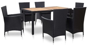 vidaXL 7 pcs conjunto jantar exterior com almofadões vime PE preto