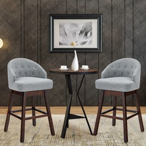 Conjunto de 2 bancos de bar giratórios com pernas de madeira de borracha encosto almofadado tecido de linho e rebite 55 x 53 x 105 cm Cinzento