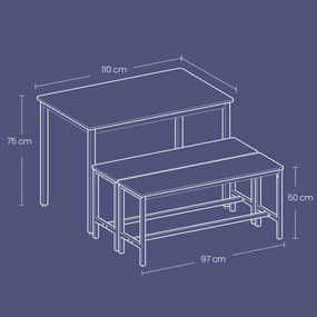 Mesa de jantar com 2 bancos, conjunto de 3 peças , cinza-preto