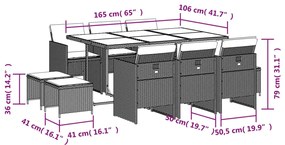 11 pcs conjunto jantar p/ jardim c/ almofadões vime PE cinzento