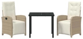 Conjunto de Jantar para Jardim 3 peças com Almofadas Beives em Rattan