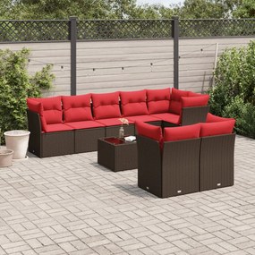 vidaXL 9 pcs conjunto sofás p/ jardim c/ almofadões vime PE castanho