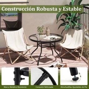 Mesa jarim para exterior com vidro temperado 70 x 70 x 45,5 cm, orifício para guarda-sol e metal para jardim ou terraço Preta