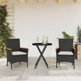 3 pcs conjunto de bistrô com almofadões vime PE/vidro preto