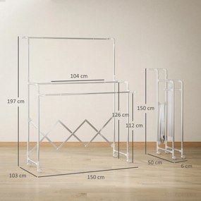 Estendal Vertical Dobrável de 3 Níveis Estendal de Aço Inoxidável com 3 Barras Ajustáveis e Extensíveis 4 Rodas 104-150x103x145-197 cm Prateado