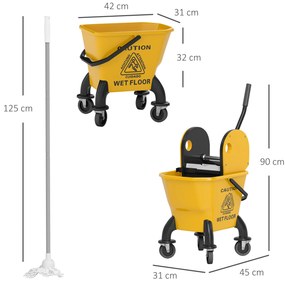 Balde de Esfregona com Rodas Espremedor Desmontável de Pressão para Baixo Capacidade 26 L Inclui Esfregona e Asa 45x31x90 cm  Amarelo