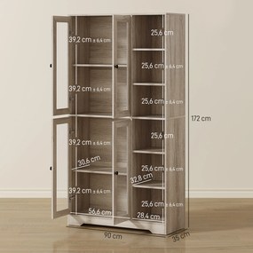 Armário de Cozinha Móvel Auxiliar de Cozinha com Prateleiras Abertas e 4 Portas de Vidro 90x35x172 cm Cinza Claro