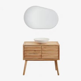 Conjunto De Móvel De Casa De Banho 90x45 Cm Em Madeira Deleyna Madeira Natural & Cimento Redondo Branco Ø40 Cm Zavion & Oval Led - Sklum