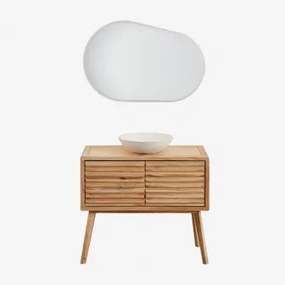 Conjunto De Móvel De Casa De Banho Em Madeira Deleyna Madeira Natural & Cimento Redondo Branco Ø40 Cm Zavion & Oval Led E Anti-embaciamento - Sklum