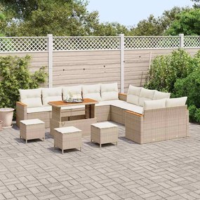 Conjunto de Sofás de Jardim de 14 Peças com Almofadas Bege Rattan Poly
