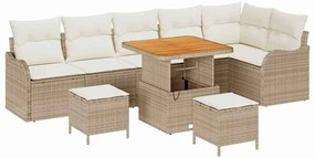 Conjunto de Sofá de Jardim 9 Peças com Almofadas Bege em Rattan e Acác