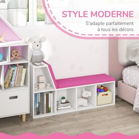 Banco-biblioteca 2 em 1 com 5 compartimentos de arrumação e 2 almofadas, 108 x 30 x 60 cm, branco e rosa