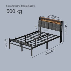 Cama de metal 120 x 200 cm com iluminação LED (COLCHÃO NÃO INCLUIDO), tomadas e espaço de arrumação, preta
