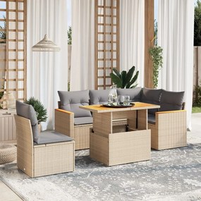 6 pcs conjunto de sofás p/ jardim com almofadões vime PE bege