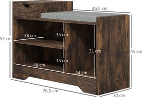 Banco para Calçado com Arrumação, 76,5 x 30 x 52 cm, 1 Gaveta e 3 Compartimentos, Castanho
