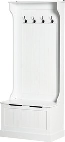 Móvel de entrada 4 em 1,  com banco com espaço de arrumação e 4 ganchos duplos, 71,5 x 39,5 x 170 cm, branco