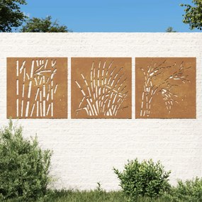 vidaXL Decorações p/ muro jardim 3pcs 105x55cm aço corten design relva
