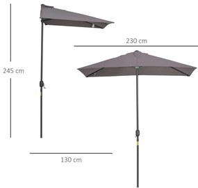 Outsunny Meia Chapéu de sol 230x130x245 cm Chapéu de sol para Parede Jardim com Manivela e Vara Metálica Ø38 mm Terraço Varanda Cinzento