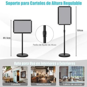 Conjunto de 2 suportes de pé A3 para cartazes de metal, cartazes de quadro, menus, publicidade exterior, altura ajustável, giratório, preto