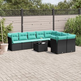 vidaXL 10 pcs conjunto de sofás p/ jardim c/ almofadões vime PE preto
