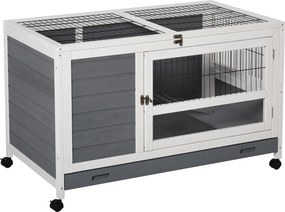 Coelheira de madeira para coelhos 102 C x 60 L x 63,5 A cm, modelo «villa», com tabuleiro deslizante, porta com fechadura e tampa que se abre, na cor