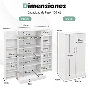 Armario Despensa com 2 portas e 16 moderno para sala de jantar 60 x 40 x 120 cm Branco