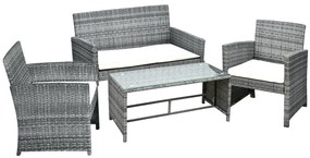 Outsunny Conjunto Móveis de Jardim de Vime Conjunto de 4 Peças Incluindo 1 Sofá de 2 Lugares 2 Poltronas e 1 Mesa de Centro Cinza